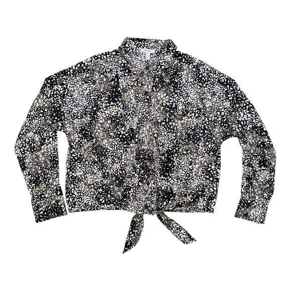 Nine West Black and White Tie Front Blouse with Notched Collar - Picture 3 of 6